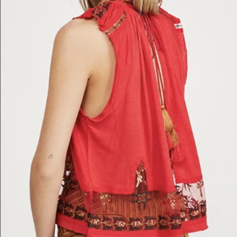 Free People Red Embroidered Sequin Sheer Panel Peasant Blouse Top w/Back Tassels - Picture 6 of 15